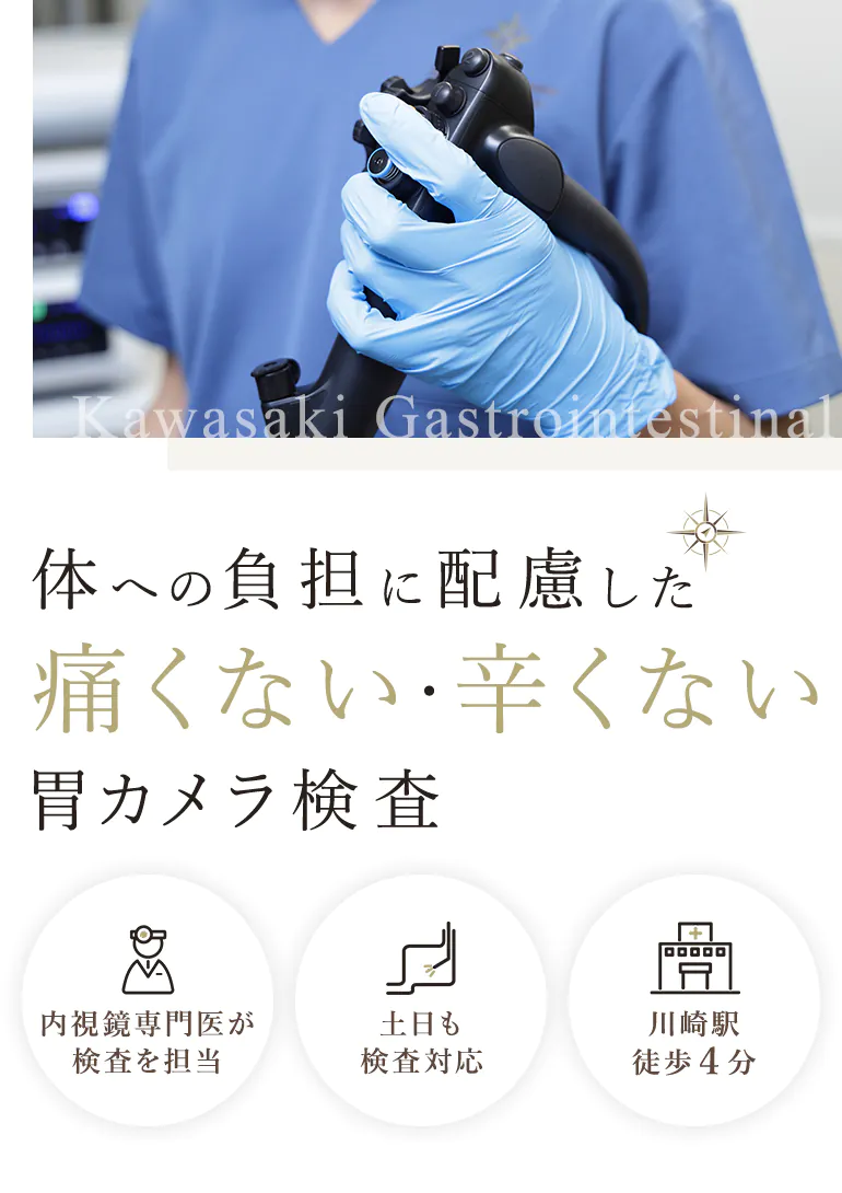 体への負担に配慮した痛くない・辛くない胃カメラ検査 内視鏡専門医が検査を担当 土日も検査対応 川崎駅徒歩４分